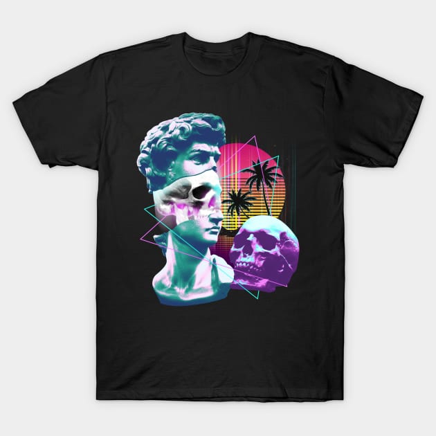 Vaporwave David Bust Statue with Skulls & Palm Tree Art T-Shirt by Vaporwave